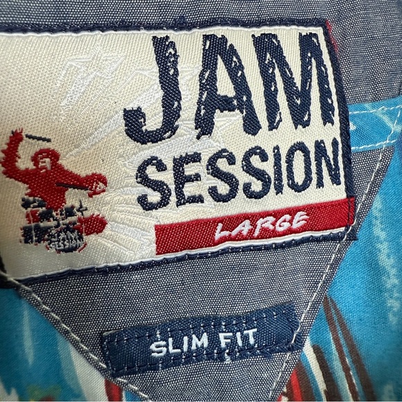 JAM SESSION Men's Blue Graphic Print Hawaiian Shirt Size L Slim Fit Summer - Picture 9 of 11